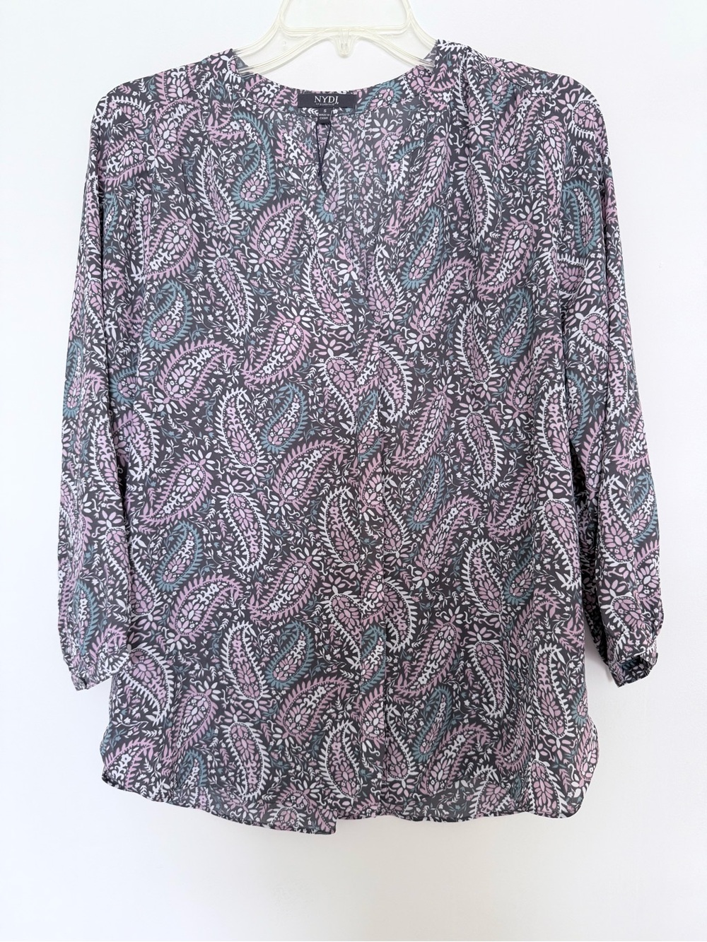 NYDJ Gray Paisley V-Neck Blouse with Pink & Teal Accents